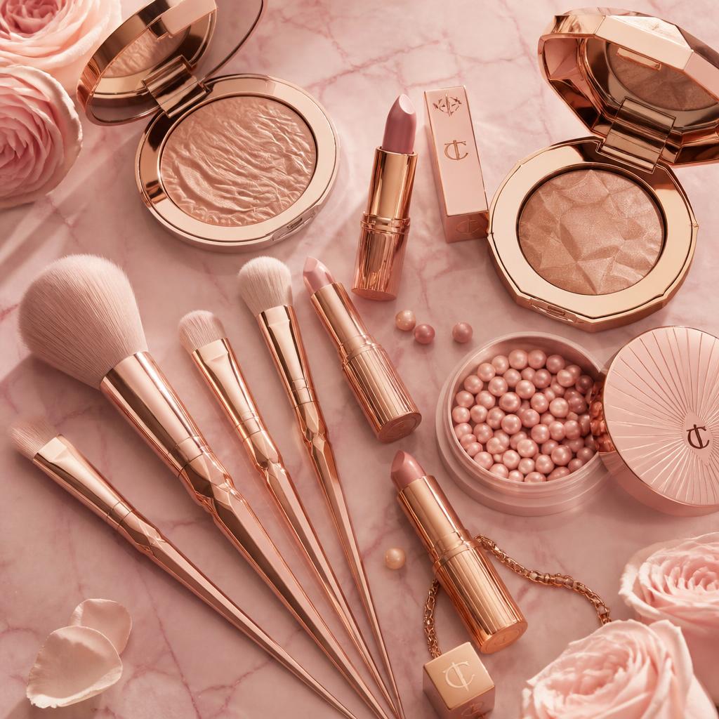 Pincéis e produtos premium em tons rosa e dourado